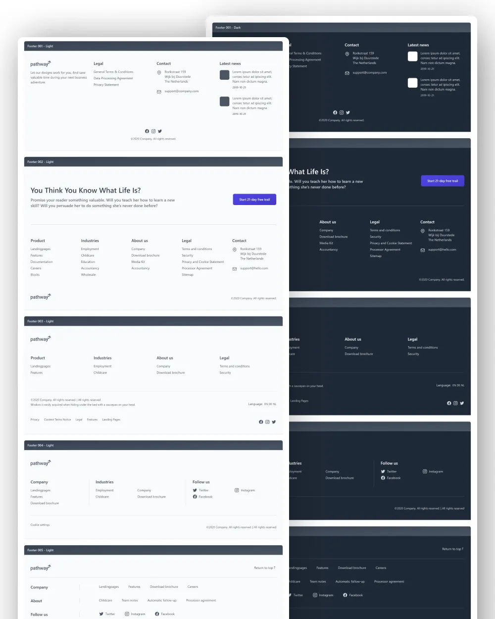 Footer Pack, components · 5 footers